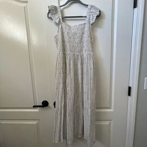 LOFT Stripe Smocked Ruffle Midi Dress